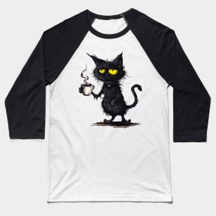 Lazy Cat Drinking Coffee Baseball T-Shirt